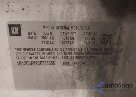 2012 Chevrolet Malibu 1Lt z USA, uszkodzony, nr VIN 1G1ZC5E02CF336666